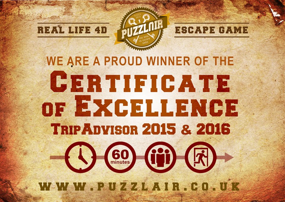 Puzzlair Escape Games in Bristol wins second TripAdvisor Certificate of Excellence